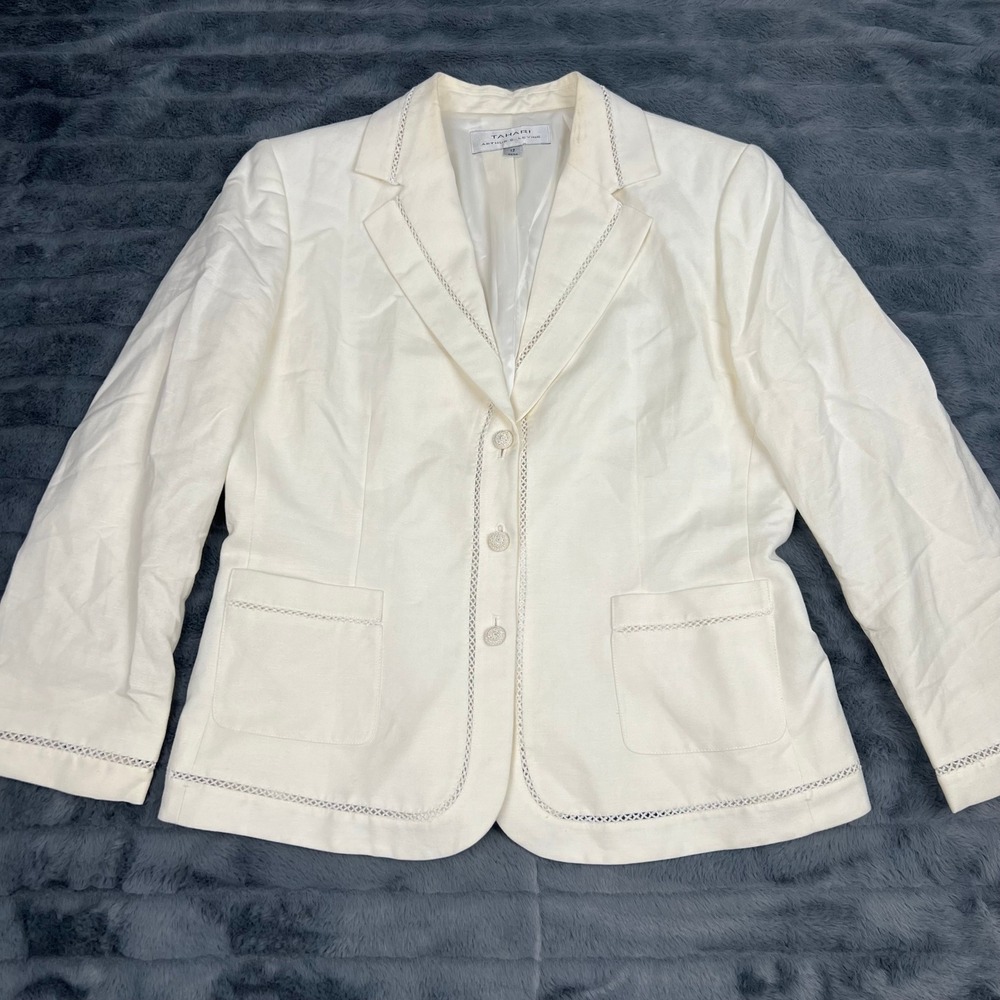 Tahari Arthur S Levine Womens Ivory Linen Blend Lace Trim Blazer Jacket Size 12
